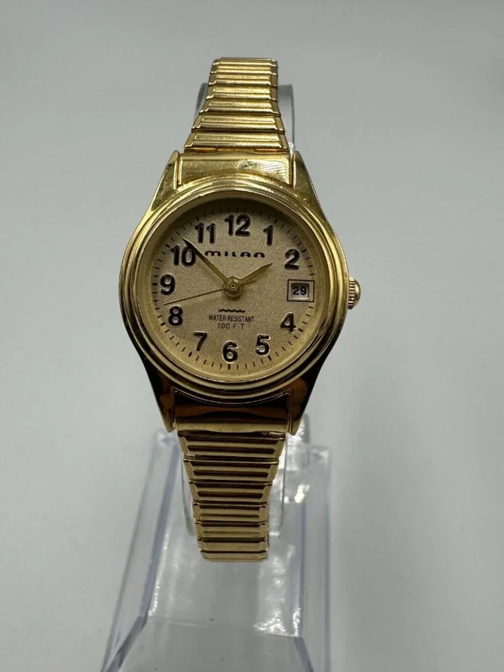 3/$30 Milan Watch Women Gold Tone Date Window Stretch Band New Battery 6.25 Inch